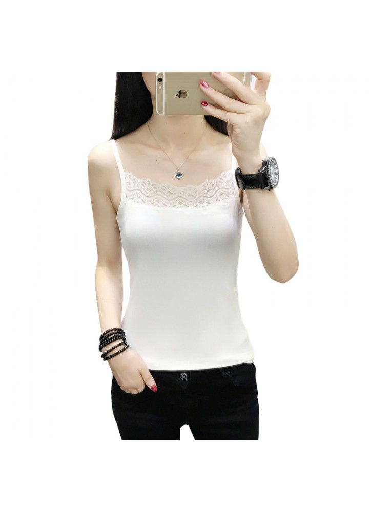 2021 summer new women's lace suspender vest solid color stretch slim body with bottom coat 2021 summer new women's lace suspender vest solid color stretch slim body with bottom coat