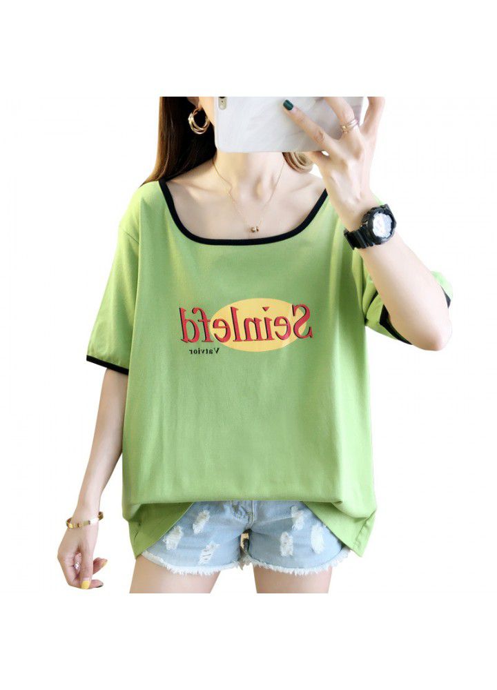 2021 spring and summer new color matching big neckline short sleeve T-shirt women's low neck personality avant-garde loose Korean student top