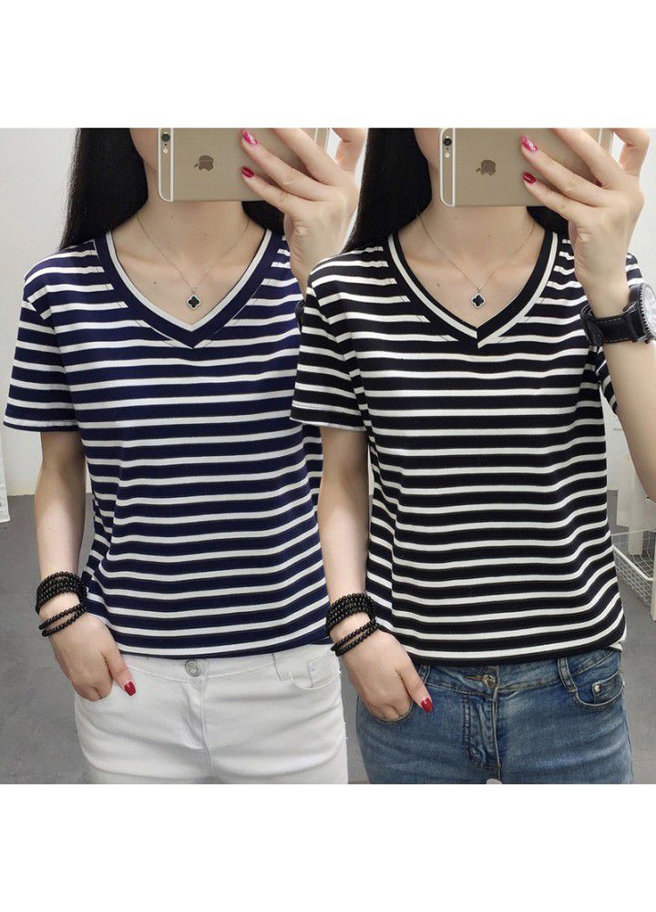 Striped short sleeve T-shirt women's spring 2020 slim top spring dress large women's loose and fat mm foreign style summer dress