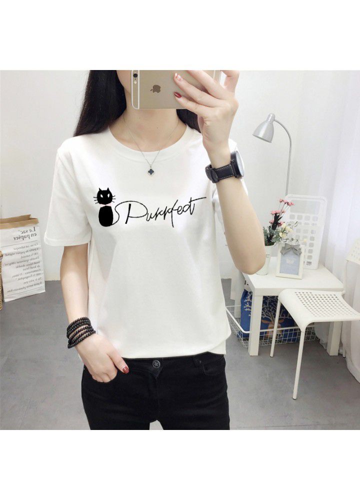 180g no pilling 2021 summer new loose print short sleeve T-shirt women's round neck top