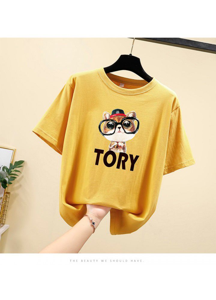 Cotton short sleeve T-shirt women loose fat mm summer Korean student size versatile cartoon half sleeve clothes