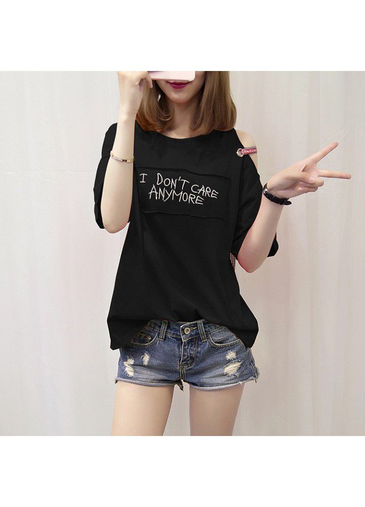 Summer 2021 new off shoulder short sleeve t-shirt female loose cotton Korean student Hong Kong Style ins half sleeve large size top