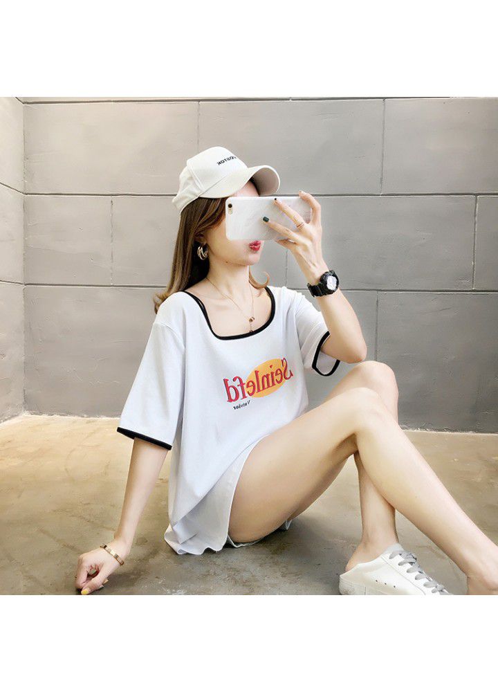 2021 spring and summer new color matching big neckline short sleeve T-shirt women's low neck personality avant-garde loose Korean student top