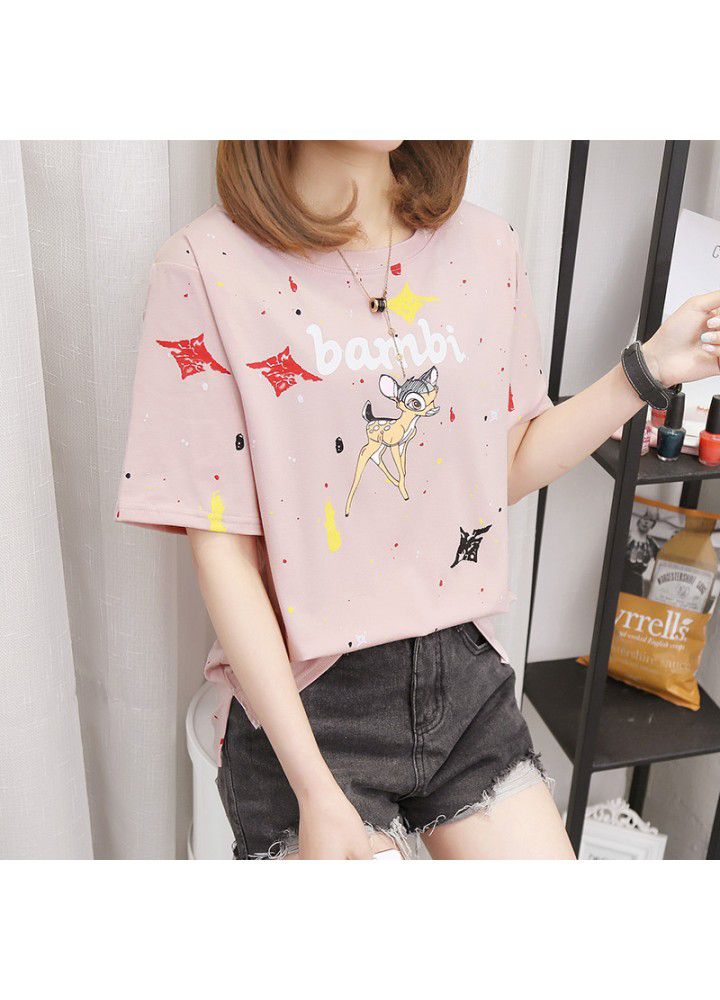Summer Korean cotton cartoon printed short sleeve T-shirt for women with wide leg jeans, shorts and skirt