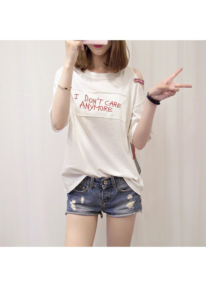 Summer 2021 new off shoulder short sleeve t-shirt female loose cotton Korean student Hong Kong Style ins half sleeve large size top