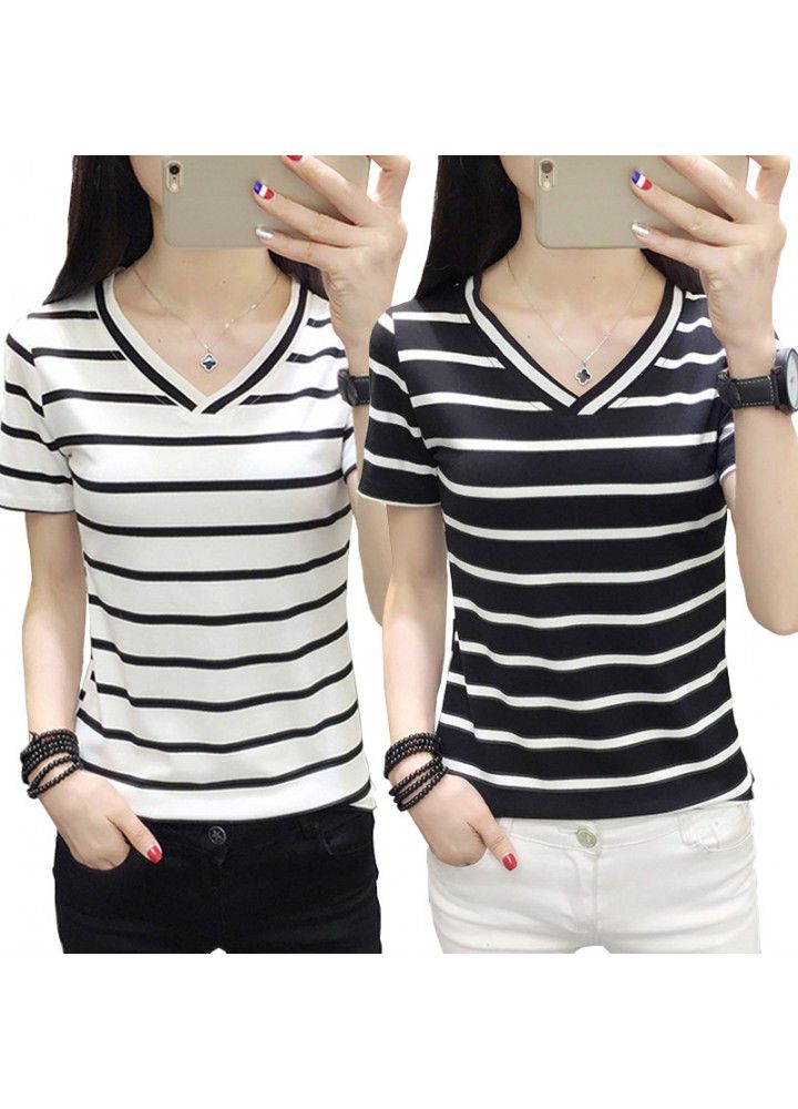 Popular 2020 women's wear versatile black and white stripe V-neck short sleeve T-shirt for women