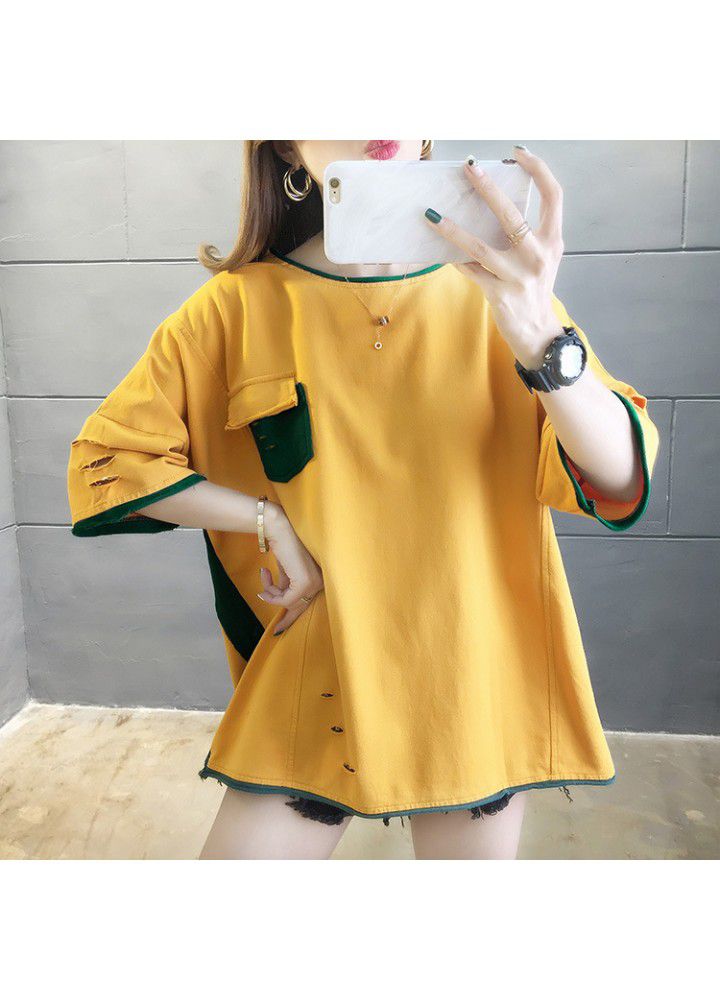 Cotton T-shirt, short sleeve, Korean version, loose and versatile, net red, foreign style, personality, holes, T-shirt, mschf top