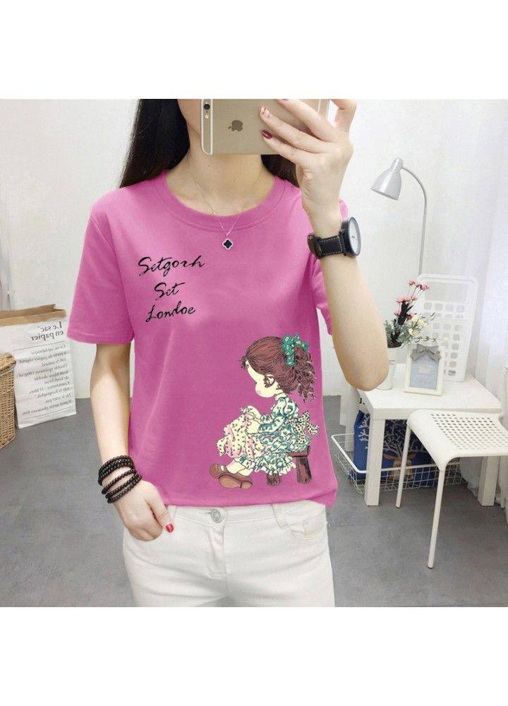 180g no pilling 2021 summer new loose print short sleeve T-shirt women's round neck top