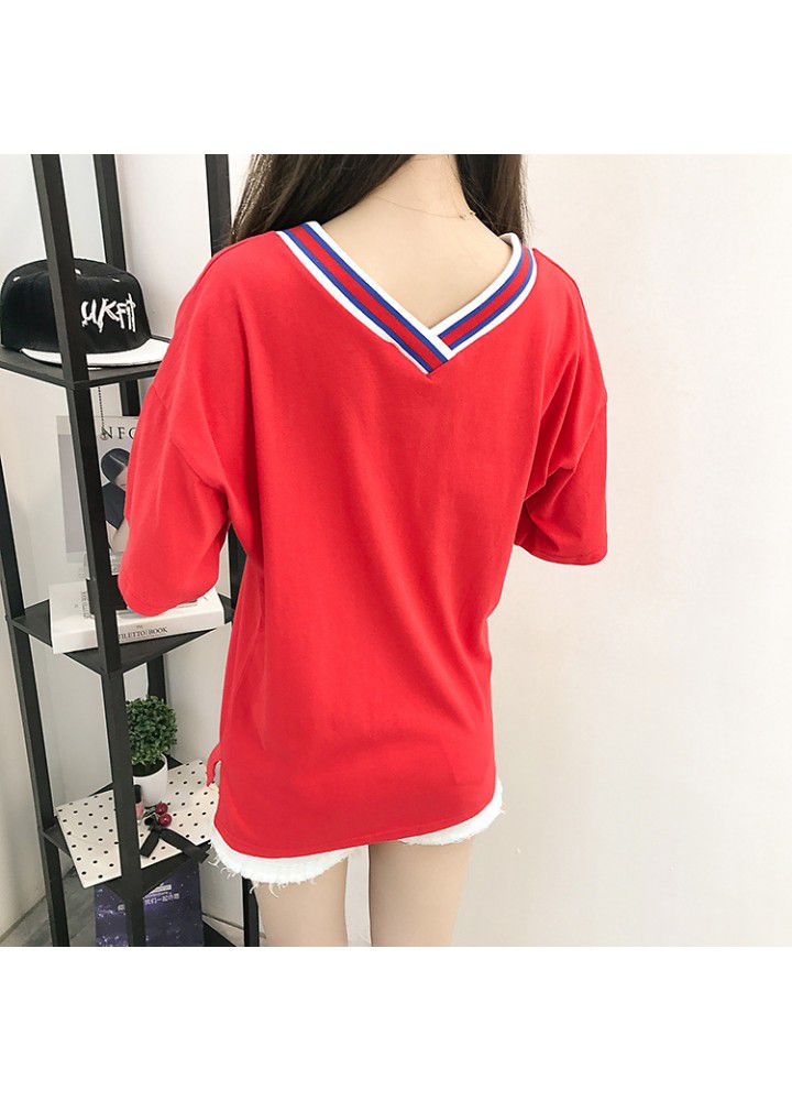 V-neck short sleeve T-shirt women's wear Korean loose summer wear 2021 new Korean student's versatile cotton half sleeve clothes