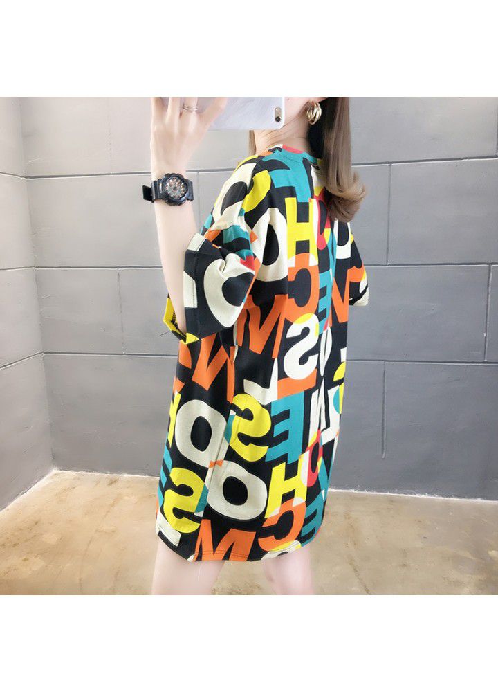 2021 net red ins short sleeve T-shirt women's summer wear Korean version loose and versatile mid long casual personality half sleeve top fashion