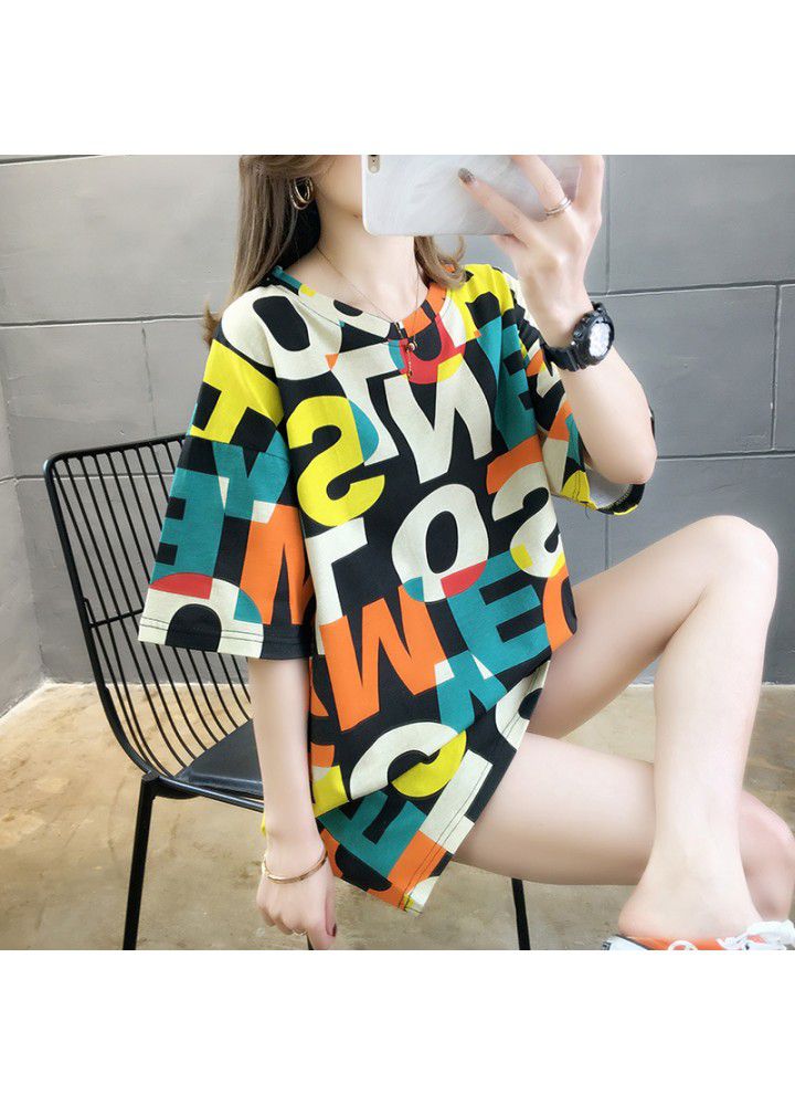 2021 net red ins short sleeve T-shirt women's summer wear Korean version loose and versatile mid long casual personality half sleeve top fashion
