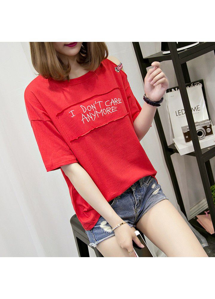Summer 2021 new off shoulder short sleeve t-shirt female loose cotton Korean student Hong Kong Style ins half sleeve large size top