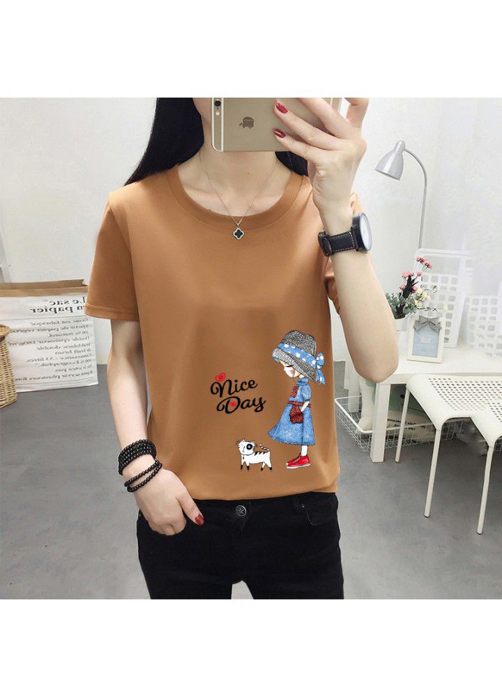 180g no pilling 2021 summer new loose print short sleeve T-shirt women's round neck top