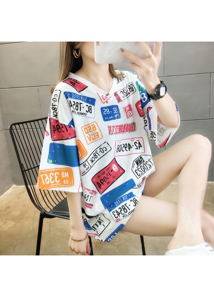 2021 medium length T-shirt, short sleeve and fashionable summer dress, Korean version, loose personality, versatile, net red V-neck, fashionable clothes