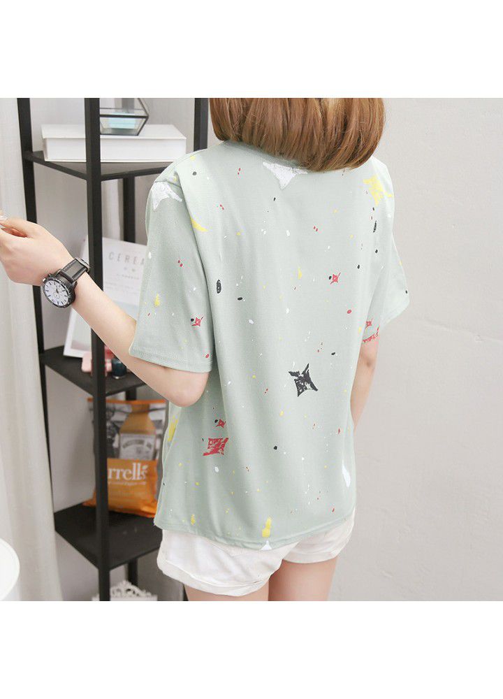 Summer Korean cotton cartoon printed short sleeve T-shirt for women with wide leg jeans, shorts and skirt