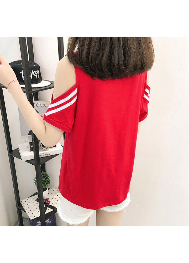 Off the shoulder short sleeve women's T-shirt 2021 new spring and summer loose and versatile red cotton half sleeve fashion