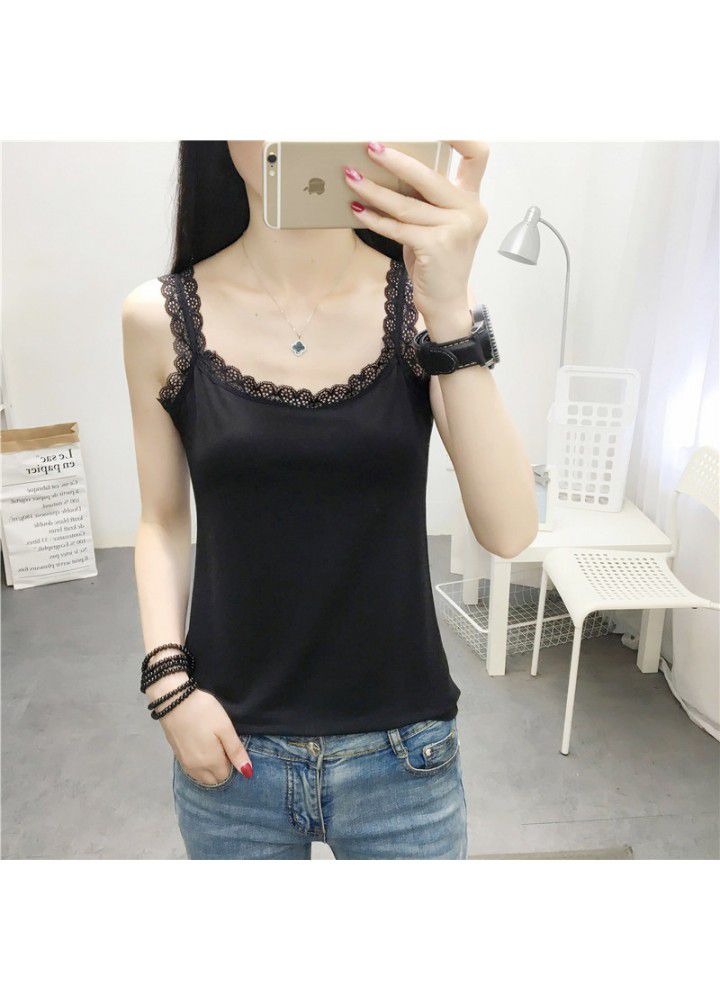 2021 summer new women's lace suspender vest solid color stretch slim body with bottom coat 2021 summer new women's lace suspender vest solid color stretch slim body with bottom coat