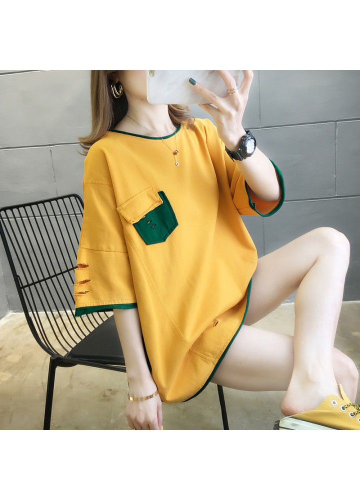 Cotton T-shirt, short sleeve, Korean version, loose and versatile, net red, foreign style, personality, holes, T-shirt, mschf top