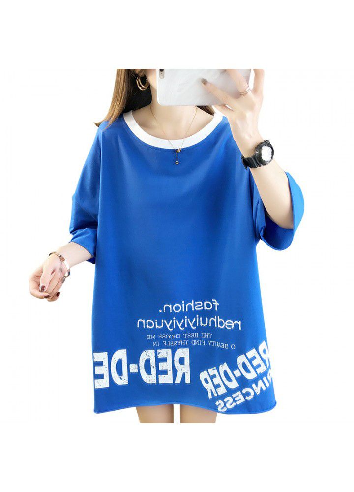 2021 Korean leisure large size loose medium length short sleeve T-shirt women's color matching collar net red ins half sleeve fashion