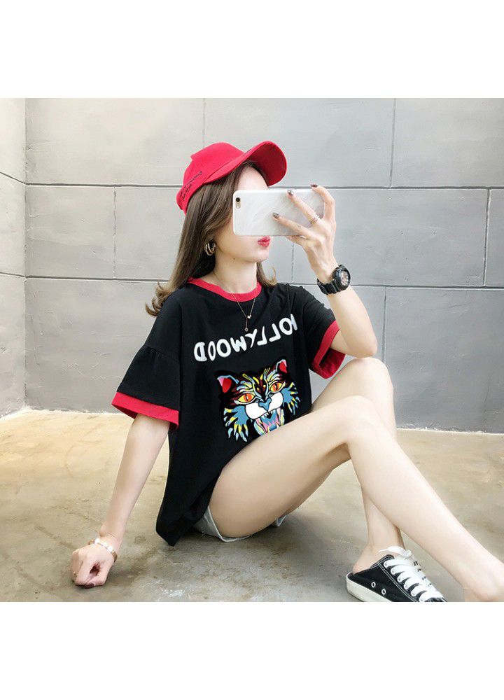 Fake two T-shirts female short sleeve loose summer clothes 2021 new Korean student versatile half sleeve cartoon top