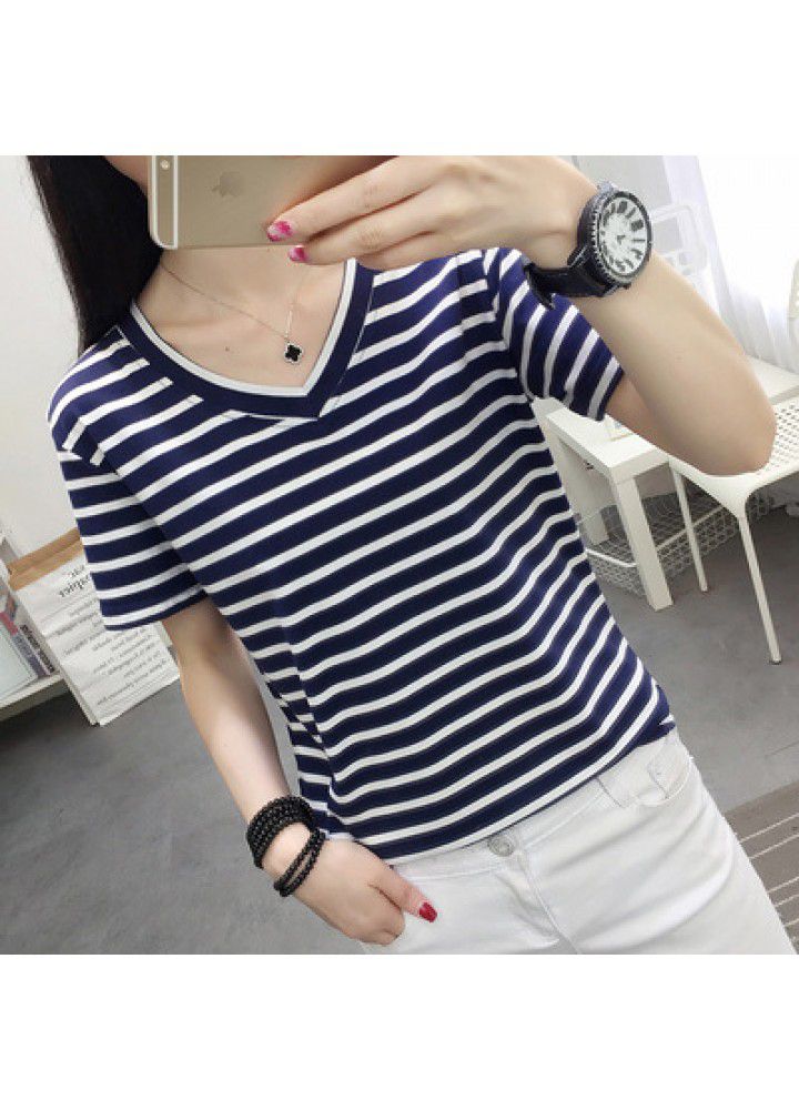 Striped short sleeve T-shirt women's spring 2020 slim top spring dress large women's loose and fat mm foreign style summer dress