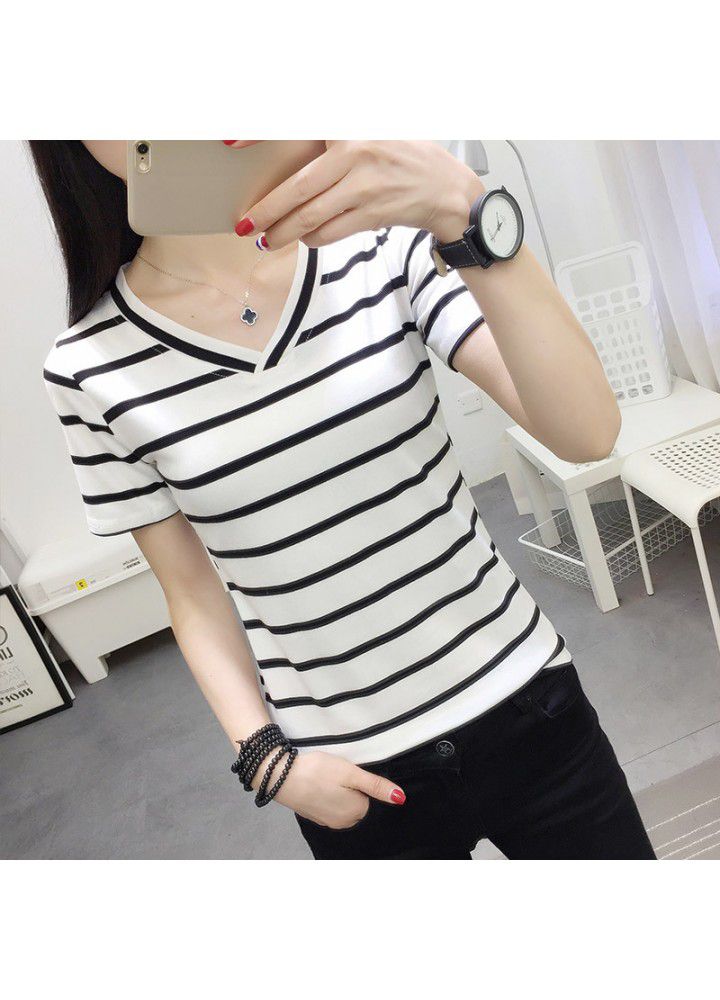 Popular 2020 women's wear versatile black and white stripe V-neck short sleeve T-shirt for women