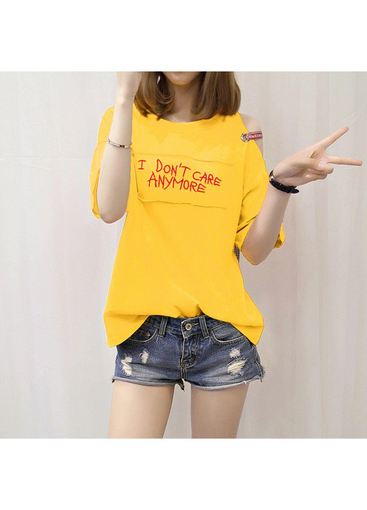 Summer 2021 new off shoulder short sleeve t-shirt female loose cotton Korean student Hong Kong Style ins half sleeve large size top