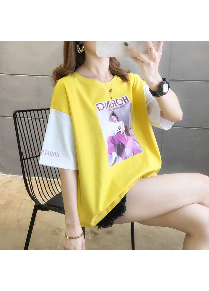 2021 summer new breathable short sleeve top fashionable loose color matching casual T-shirt for women