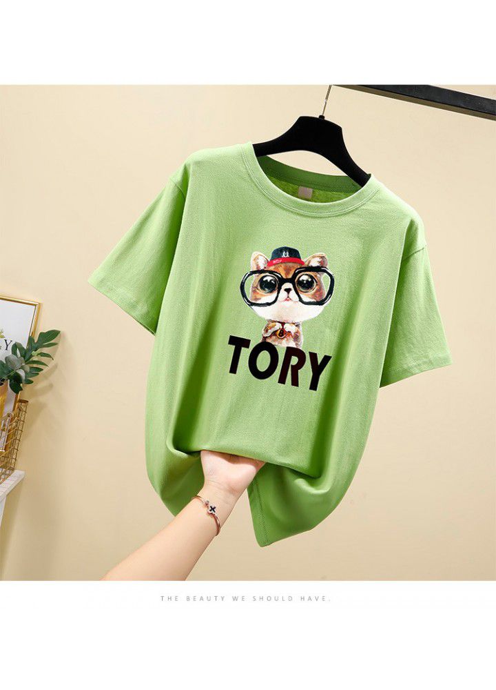 Cotton short sleeve T-shirt women loose fat mm summer Korean student size versatile cartoon half sleeve clothes