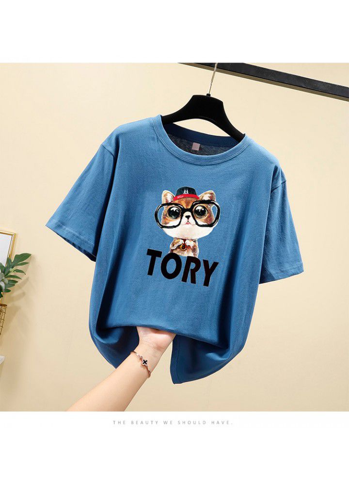 Cotton short sleeve T-shirt women loose fat mm summer Korean student size versatile cartoon half sleeve clothes