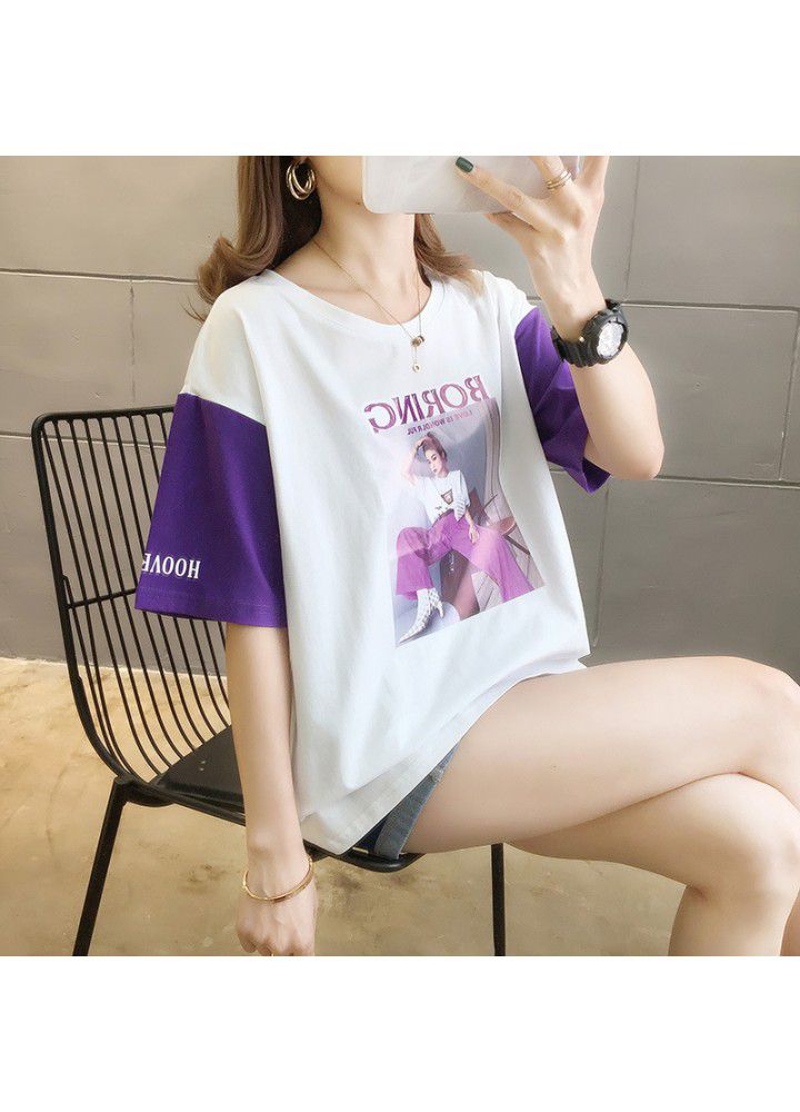 2021 summer new breathable short sleeve top fashionable loose color matching casual T-shirt for women