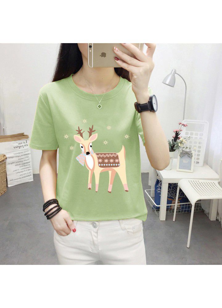 180g no pilling 2021 summer new loose print short sleeve T-shirt women's round neck top