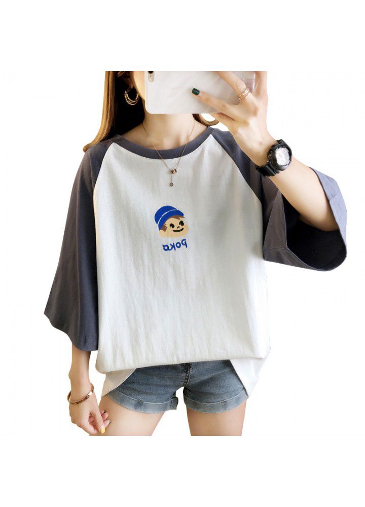 Ins stitching smart short sleeve T-shirt women's niche summer 2021 new loose and versatile cartoon CEC top T-shirt fashion