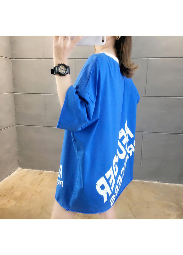 2021 Korean leisure large size loose medium length short sleeve T-shirt women's color matching collar net red ins half sleeve fashion