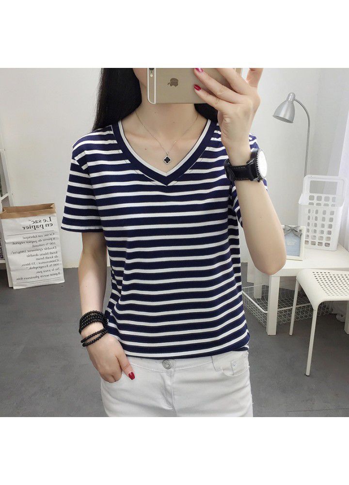 Striped short sleeve T-shirt women's spring 2020 slim top spring dress large women's loose and fat mm foreign style summer dress