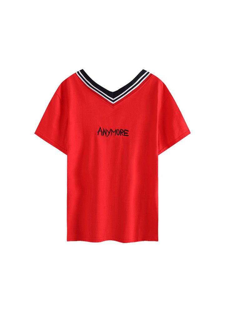 Cotton V-neck T-shirt women's short sleeve 2021 new spring summer embroidery Korean loose large half sleeve net