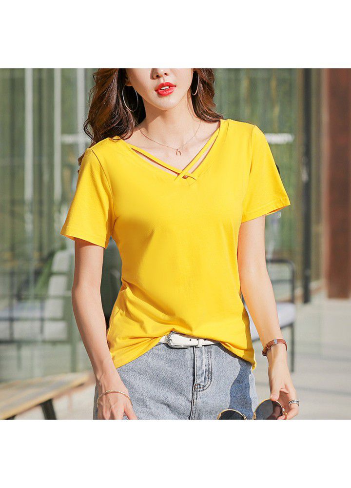 2021 summer slim fit short sleeve T-shirt women's V-neck loose cotton T-shirt versatile new cut out suspender top