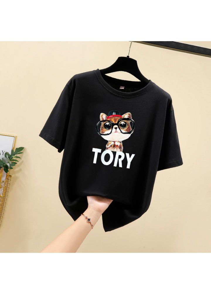 Cotton short sleeve T-shirt women loose fat mm summer Korean student size versatile cartoon half sleeve clothes