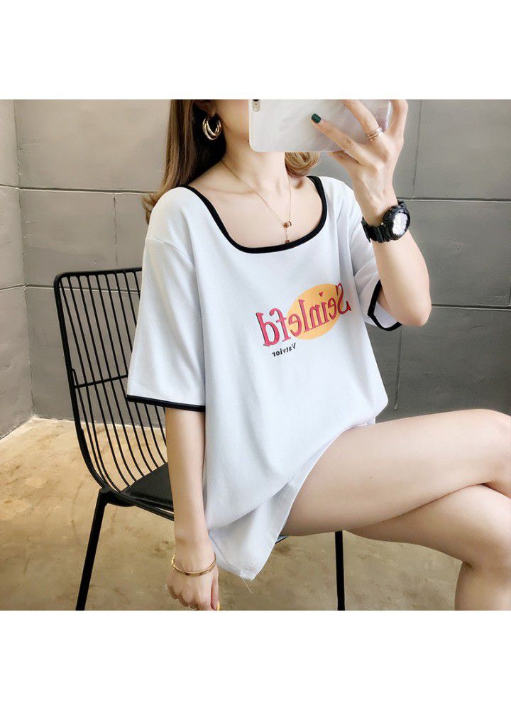 2021 spring and summer new color matching big neckline short sleeve T-shirt women's low neck personality avant-garde loose Korean student top