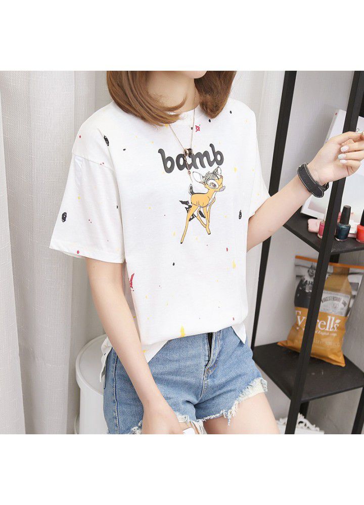 Summer Korean cotton cartoon printed short sleeve T-shirt for women with wide leg jeans, shorts and skirt