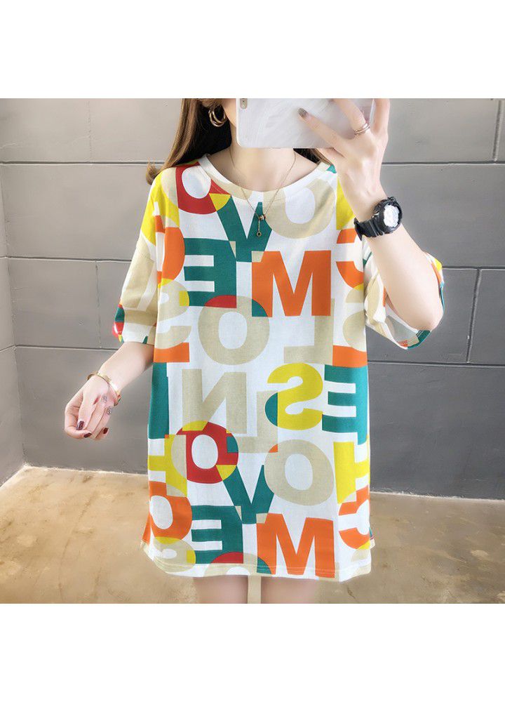 2021 net red ins short sleeve T-shirt women's summer wear Korean version loose and versatile mid long casual personality half sleeve top fashion