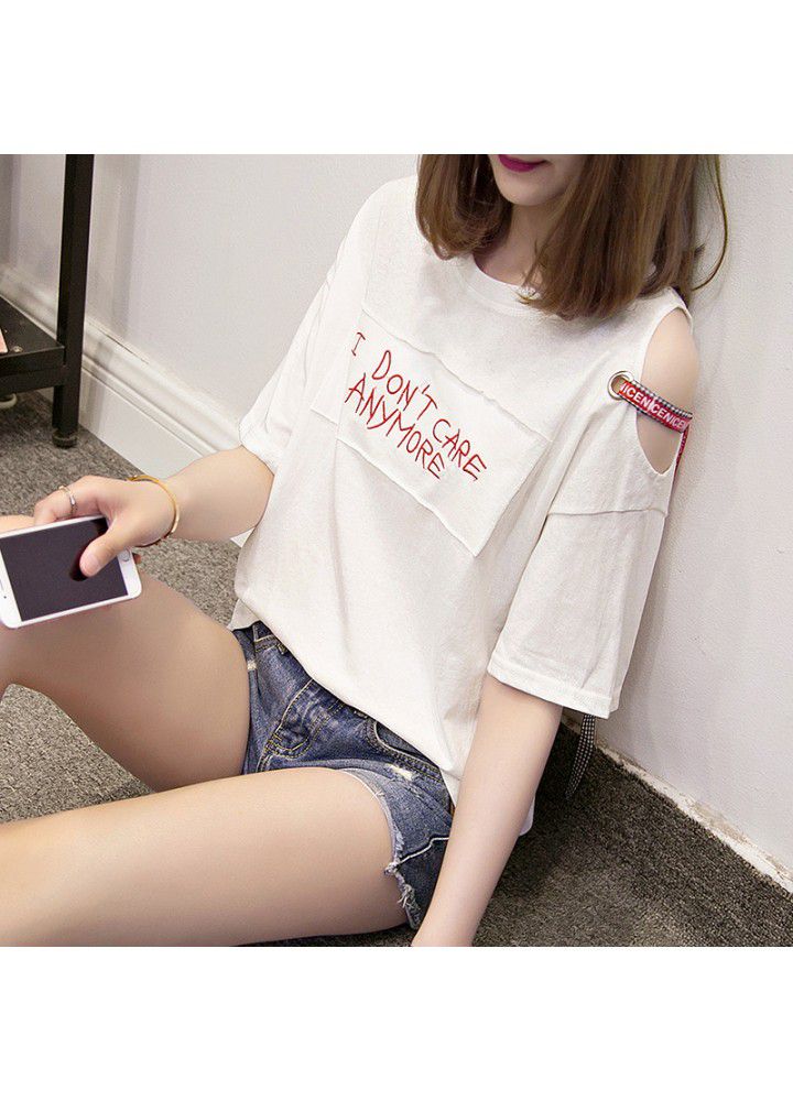 Summer 2021 new off shoulder short sleeve t-shirt female loose cotton Korean student Hong Kong Style ins half sleeve large size top