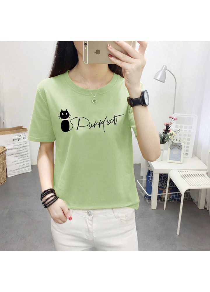 180g no pilling 2021 summer new loose print short sleeve T-shirt women's round neck top