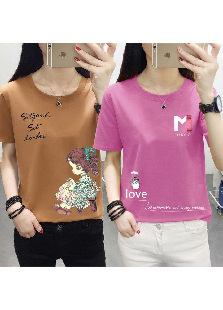 180g no pilling 2021 summer new loose print short sleeve T-shirt women's round neck top