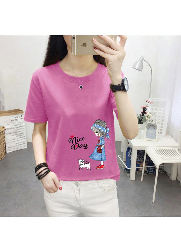 180g no pilling 2021 summer new loose print short sleeve T-shirt women's round neck top