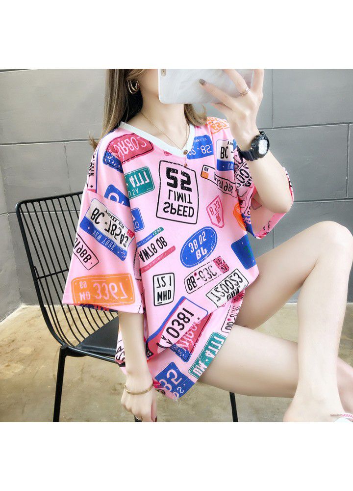 2021 medium length T-shirt, short sleeve and fashionable summer dress, Korean version, loose personality, versatile, net red V-neck, fashionable clothes