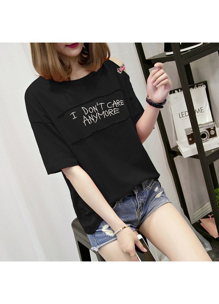 Summer 2021 new off shoulder short sleeve t-shirt female loose cotton Korean student Hong Kong Style ins half sleeve large size top