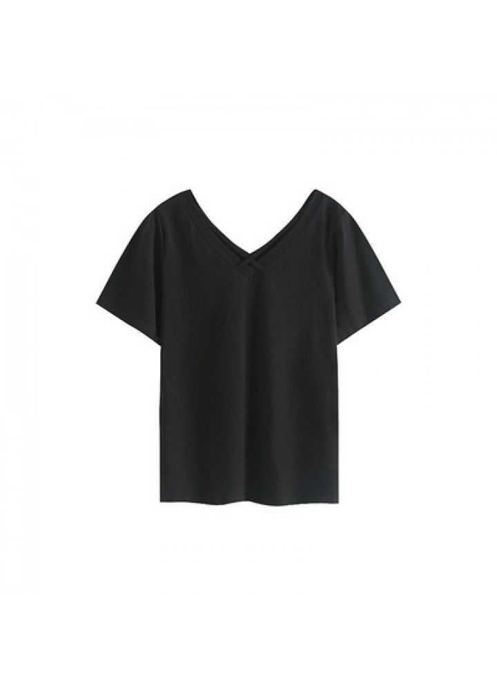 2021 summer slim fit short sleeve T-shirt women's V-neck loose cotton T-shirt versatile new cut out suspender top