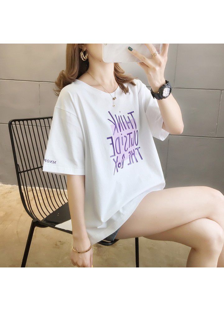 2021 new summer hem side split irregular orange short sleeve T-shirt girl student loose top fashion