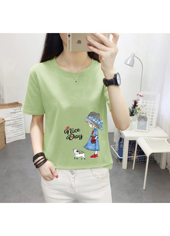 180g no pilling 2021 summer new loose print short sleeve T-shirt women's round neck top